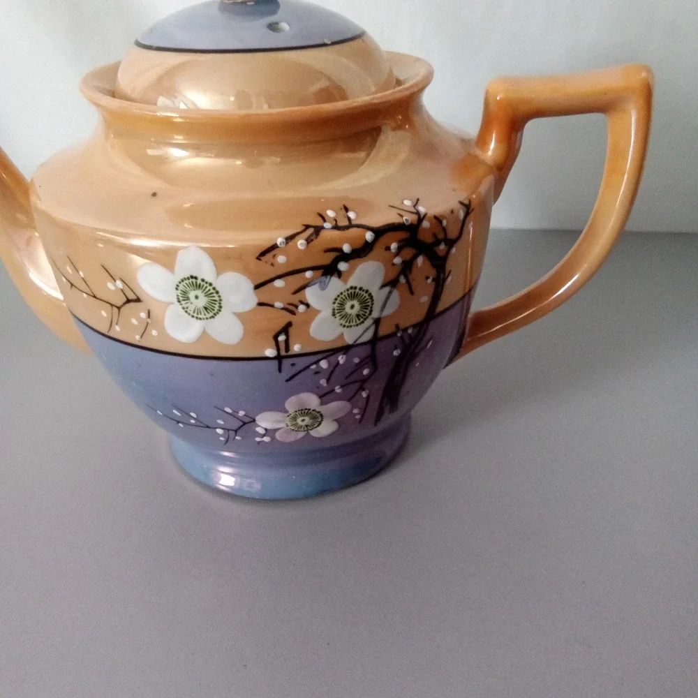 Vintage Lusterware Teapot Cherry Blossom Peach Lavender Made in Japan MCM Floral